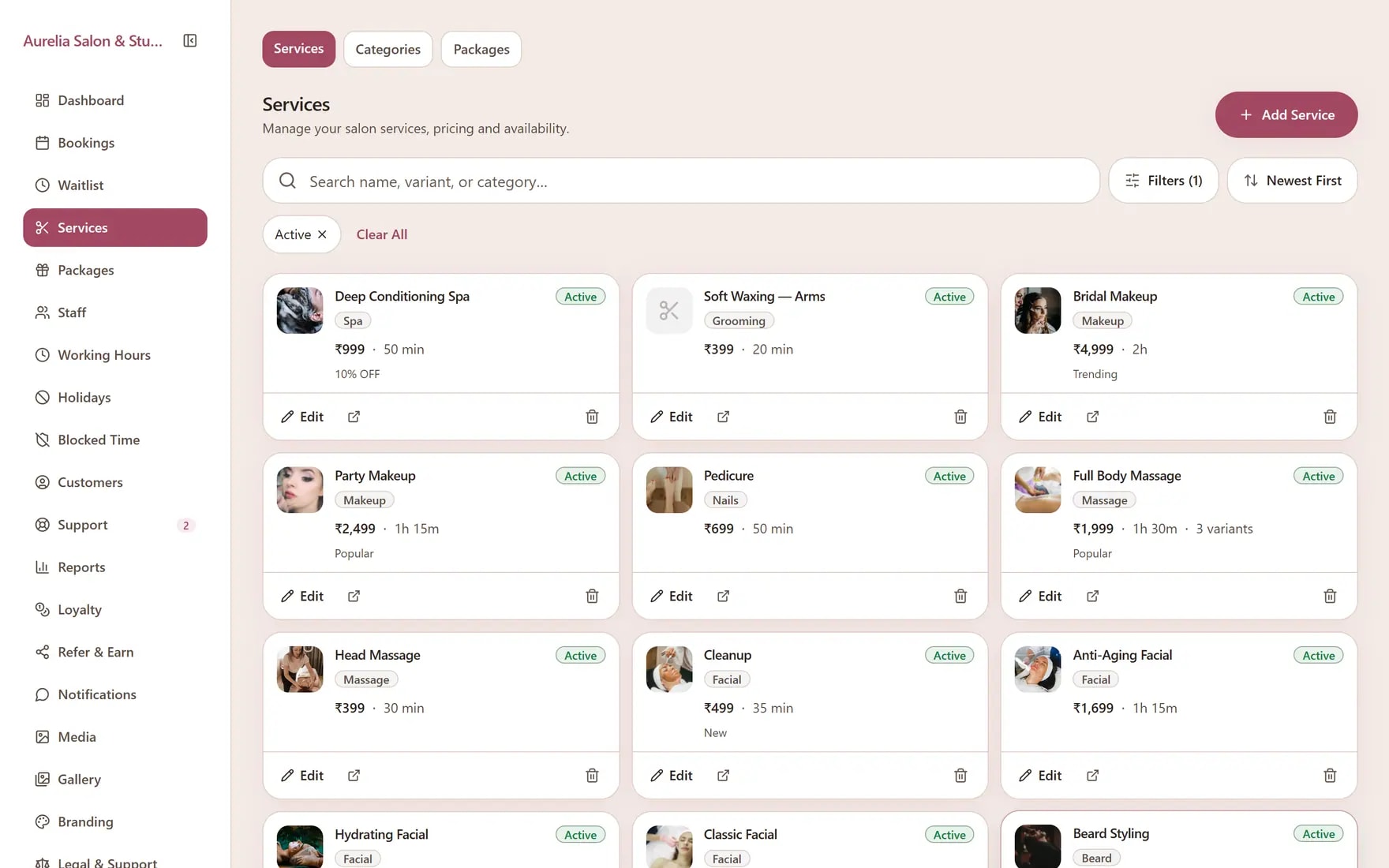Apptzy services screen with active treatments, prices, and durations.