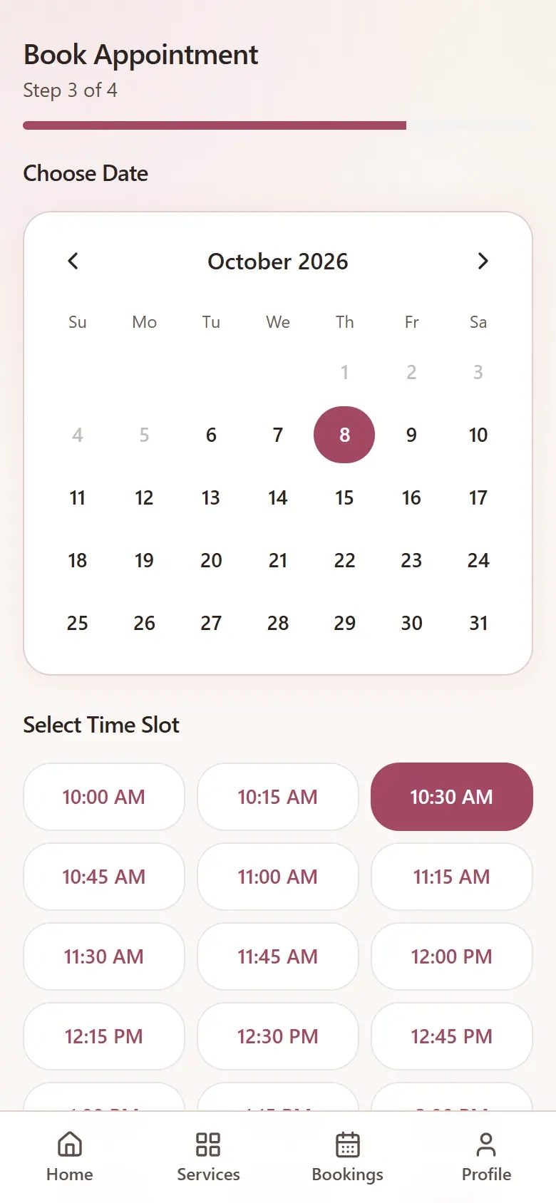 Apptzy on a phone, with open appointment times for a Thursday morning.