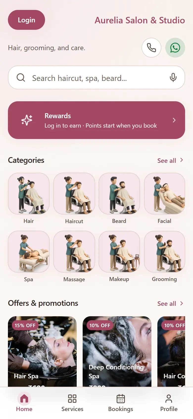 Aurelia Salon booking home on a phone, with search, categories, and current offers.